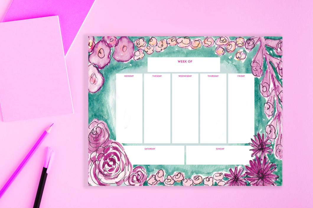 Purple Floral Weekly Planner Deskpad Calendar Notepad